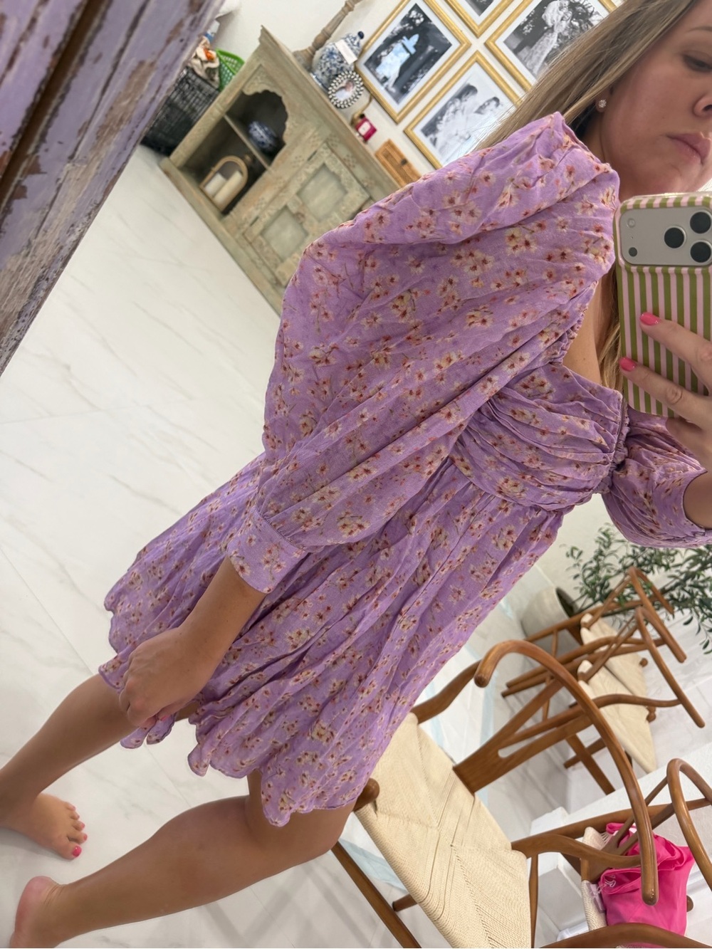 Bardot Lavender Floral Puff-Sleeve Mini Dress